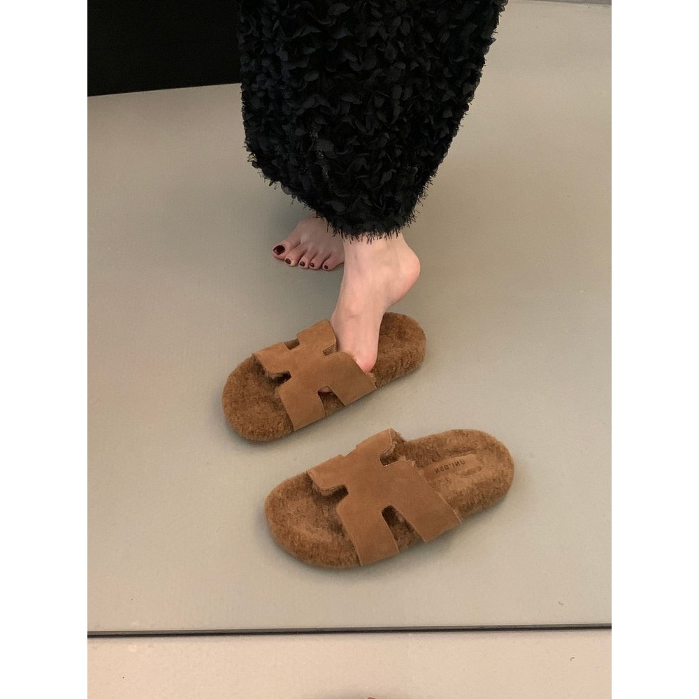 ✨韓國女裝女鞋  Jming HLRZ 復古H毛絨拖鞋 一字拖-細節圖8