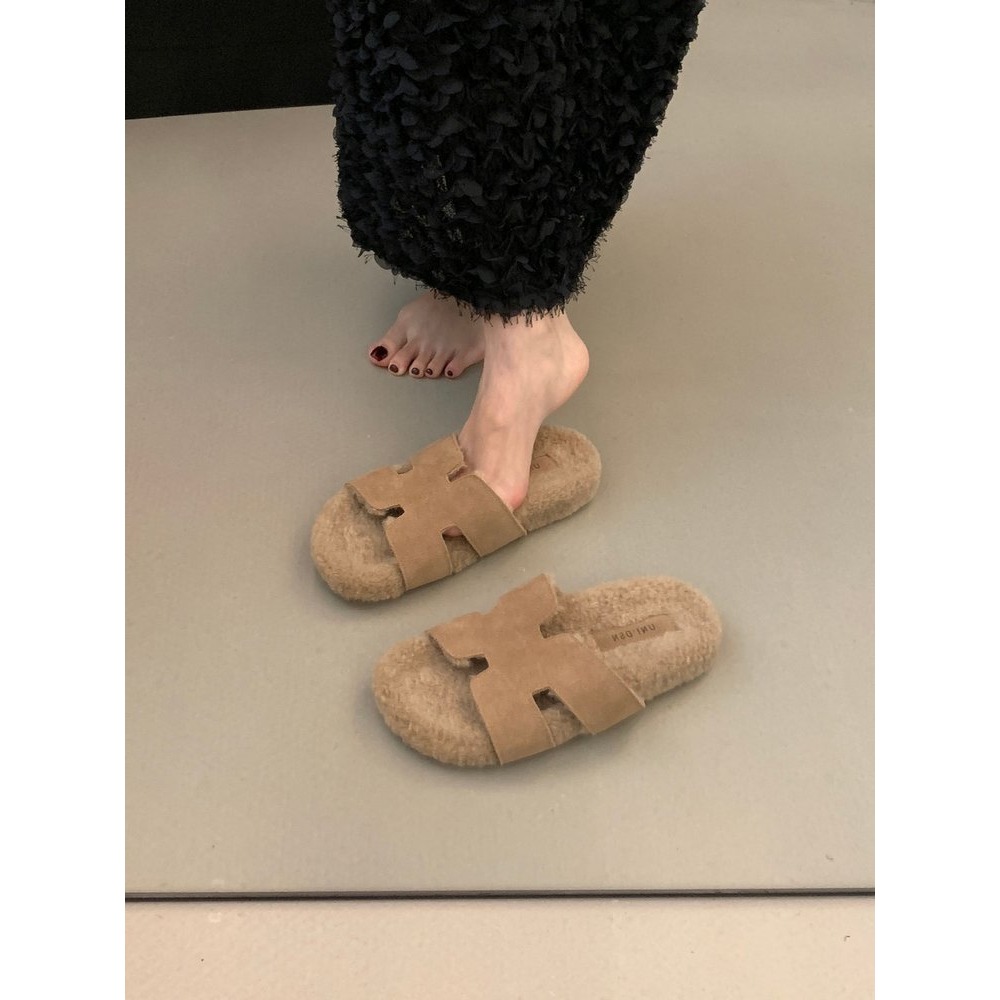 ✨韓國女裝女鞋  Jming HLRZ 復古H毛絨拖鞋 一字拖-細節圖9