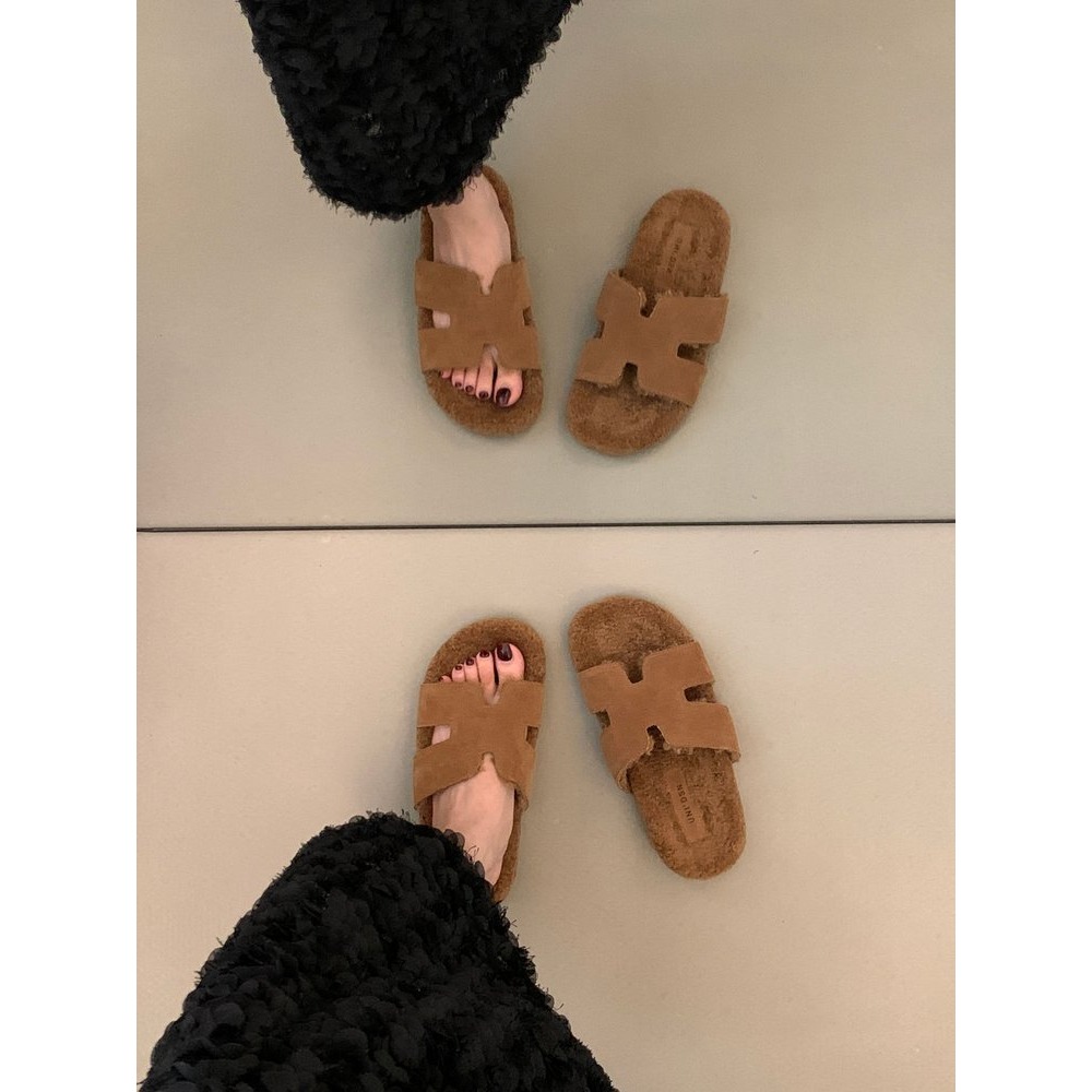 ✨韓國女裝女鞋  Jming HLRZ 復古H毛絨拖鞋 一字拖-細節圖10