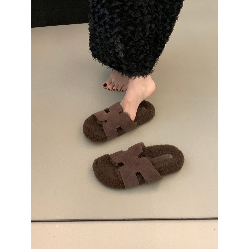 ✨韓國女裝女鞋  Jming HLRZ 復古H毛絨拖鞋 一字拖-細節圖11