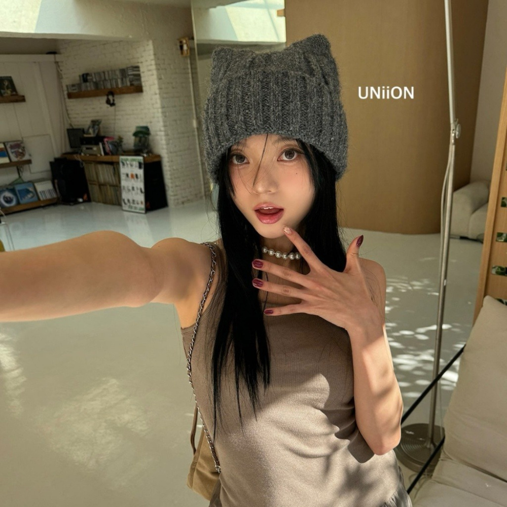 韓國女裝 UNI 貓耳朵針織毛線帽-細節圖2
