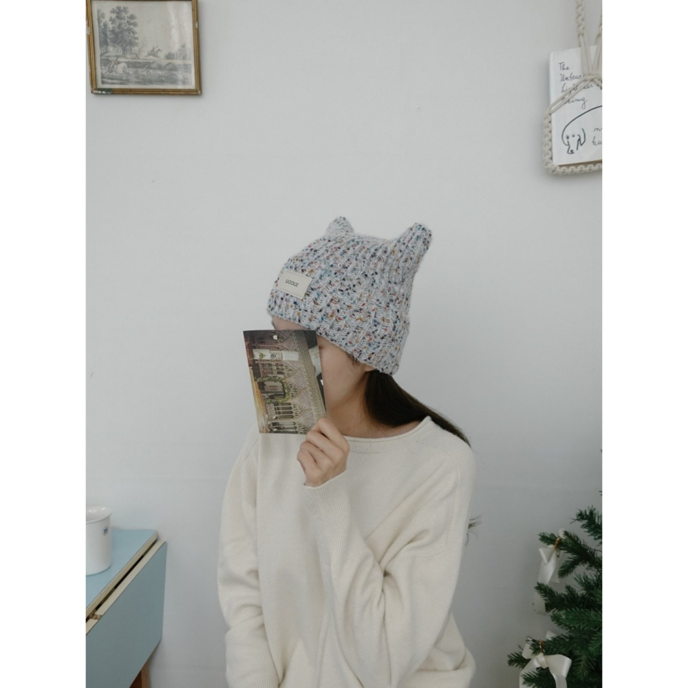 韓國女裝 UNI 羊毛混色毛線貓耳針織帽-細節圖3