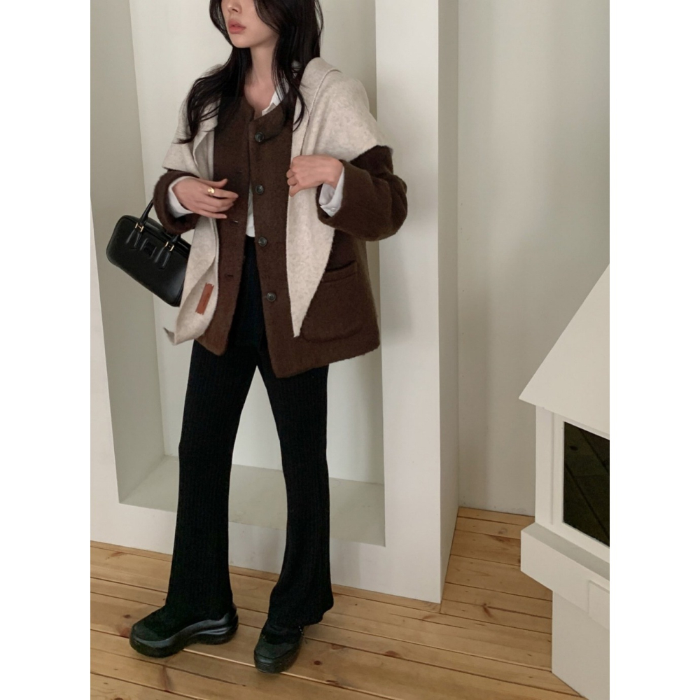 韓國女裝 Ouir 歐膩溫柔小姐姐風無領羊毛保暖外套-細節圖7