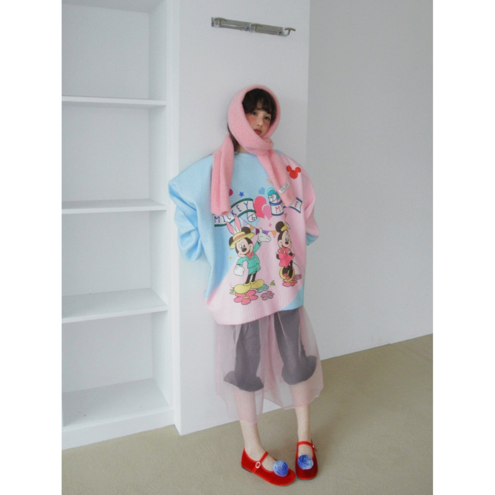 韓國女裝 Jkichi 米奇與米妮棉花糖色針織衫-細節圖3