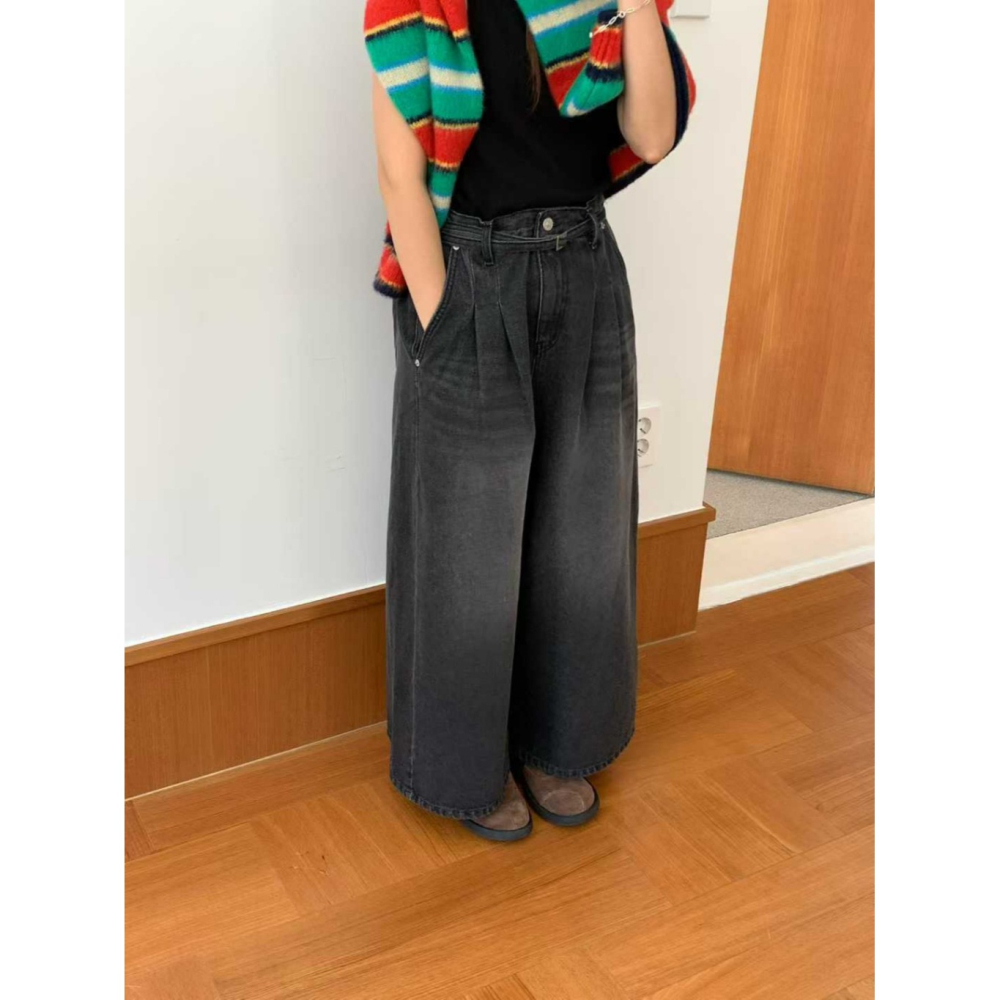 韓國女裝 Venti 大皺褶闊裙風寬管牛仔褲-細節圖2