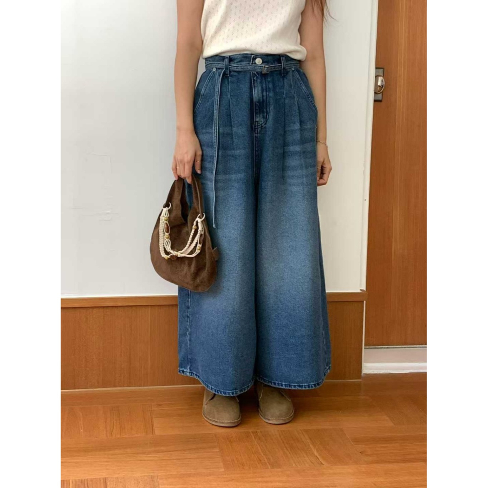 韓國女裝 Venti 大皺褶闊裙風寬管牛仔褲-細節圖3