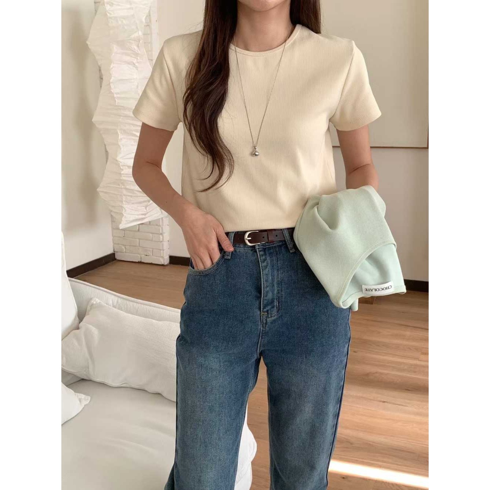 韓國女裝 Chocolate 春款簡約素面細領休閒T-細節圖4