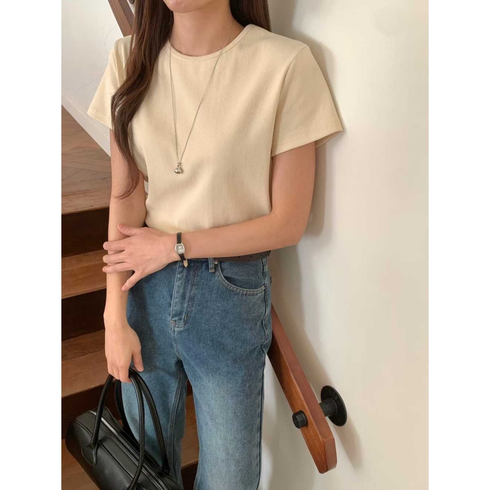 韓國女裝 Chocolate 春款簡約素面細領休閒T-細節圖5