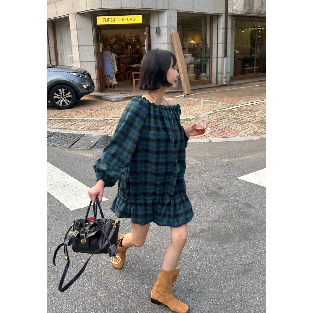 韓國女裝 Theline 經典格紋交接抽繩連衣裙洋裝-細節圖2