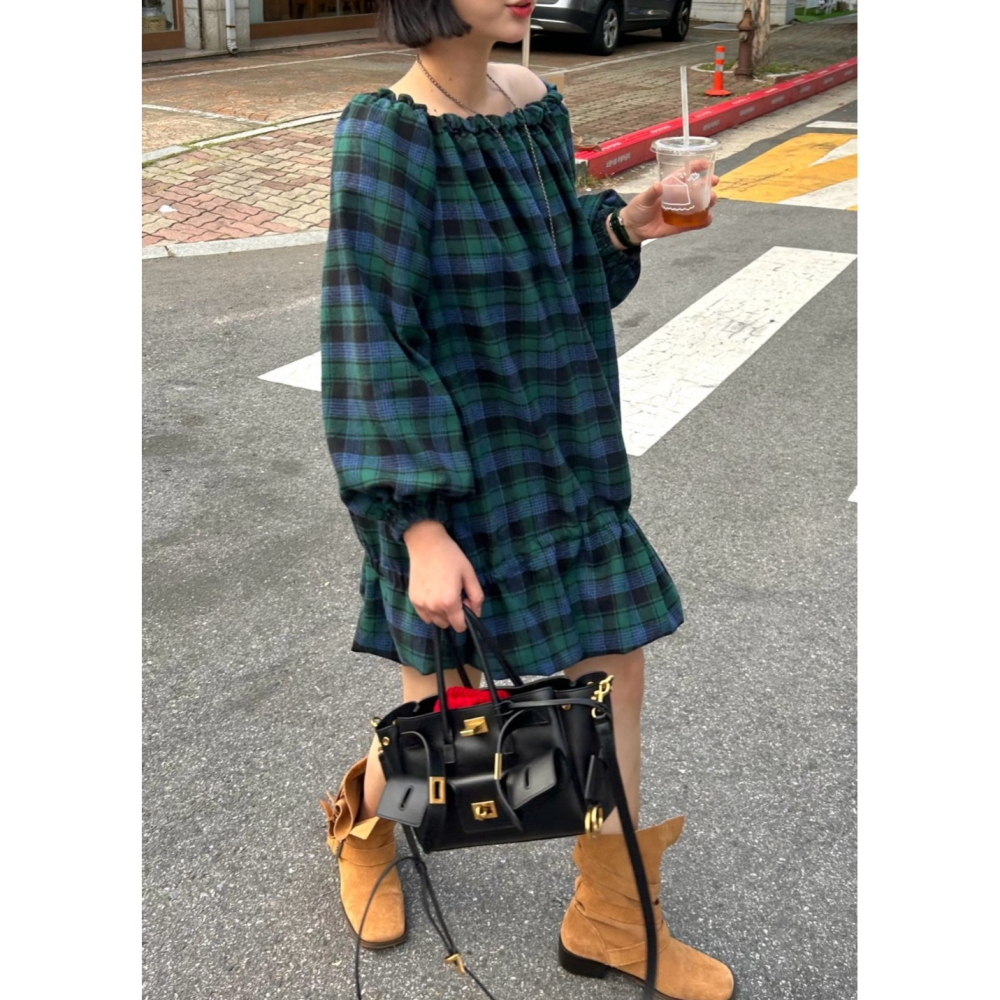 韓國女裝 Theline 經典格紋交接抽繩連衣裙洋裝-細節圖3