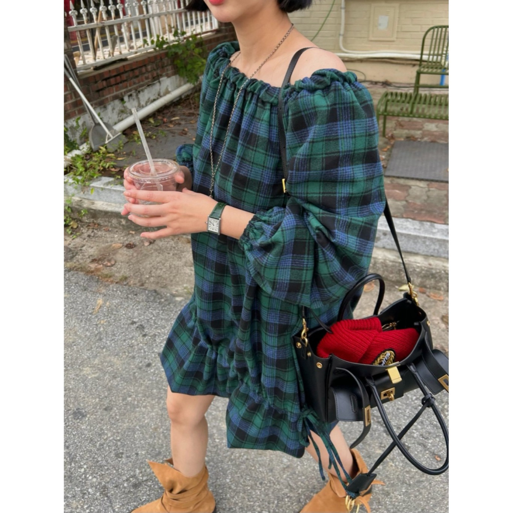 韓國女裝 Theline 經典格紋交接抽繩連衣裙洋裝-細節圖4