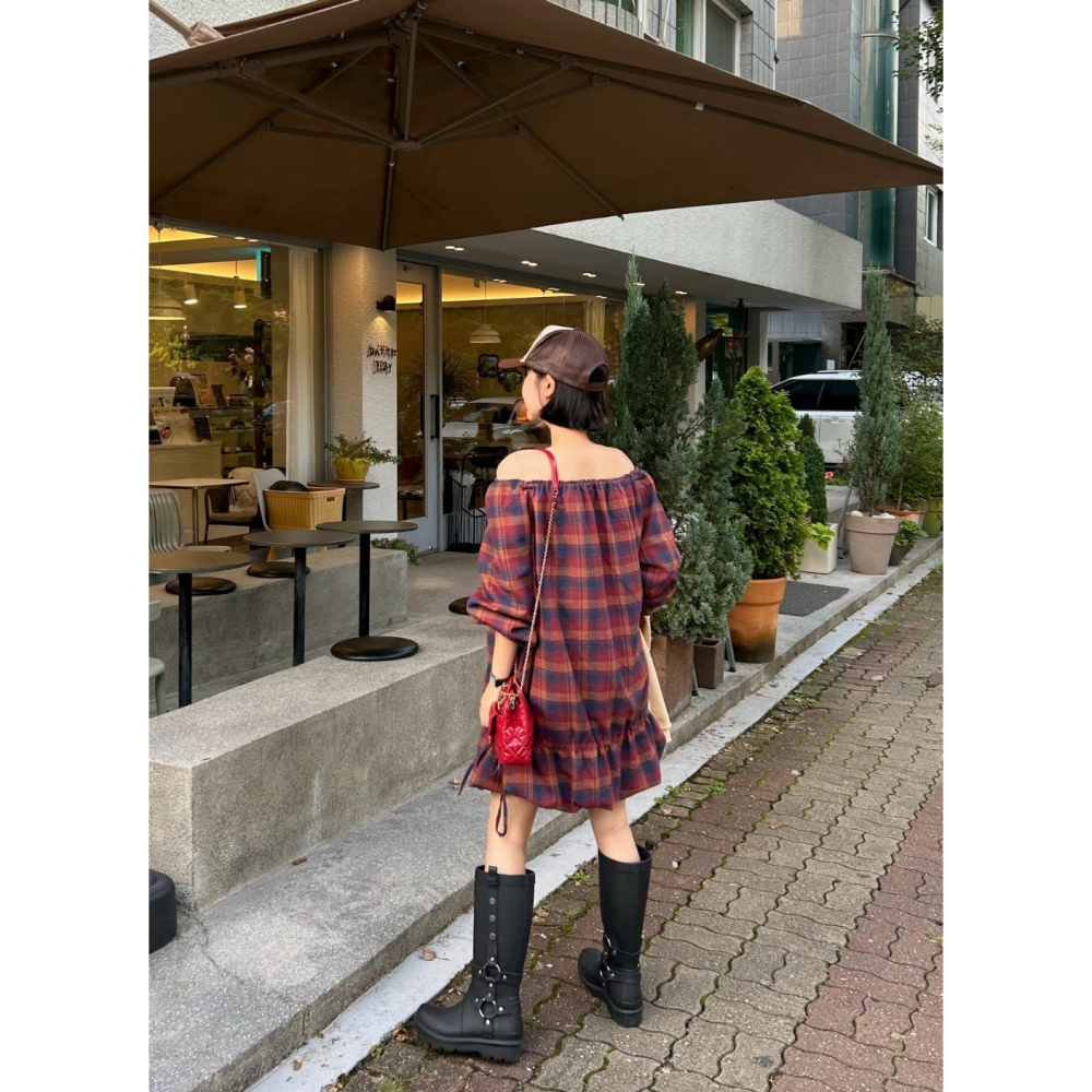 韓國女裝 Theline 經典格紋交接抽繩連衣裙洋裝-細節圖6