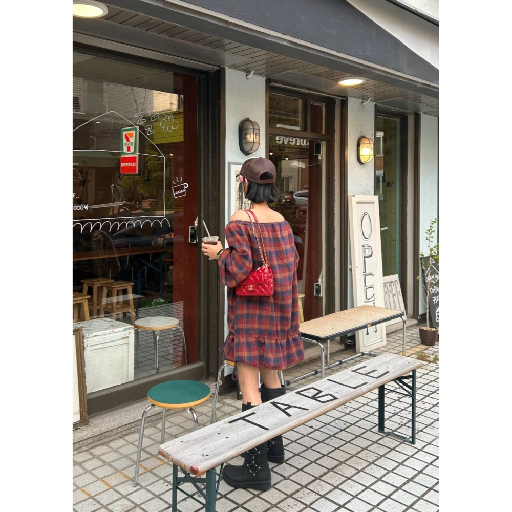 韓國女裝 Theline 經典格紋交接抽繩連衣裙洋裝-細節圖7