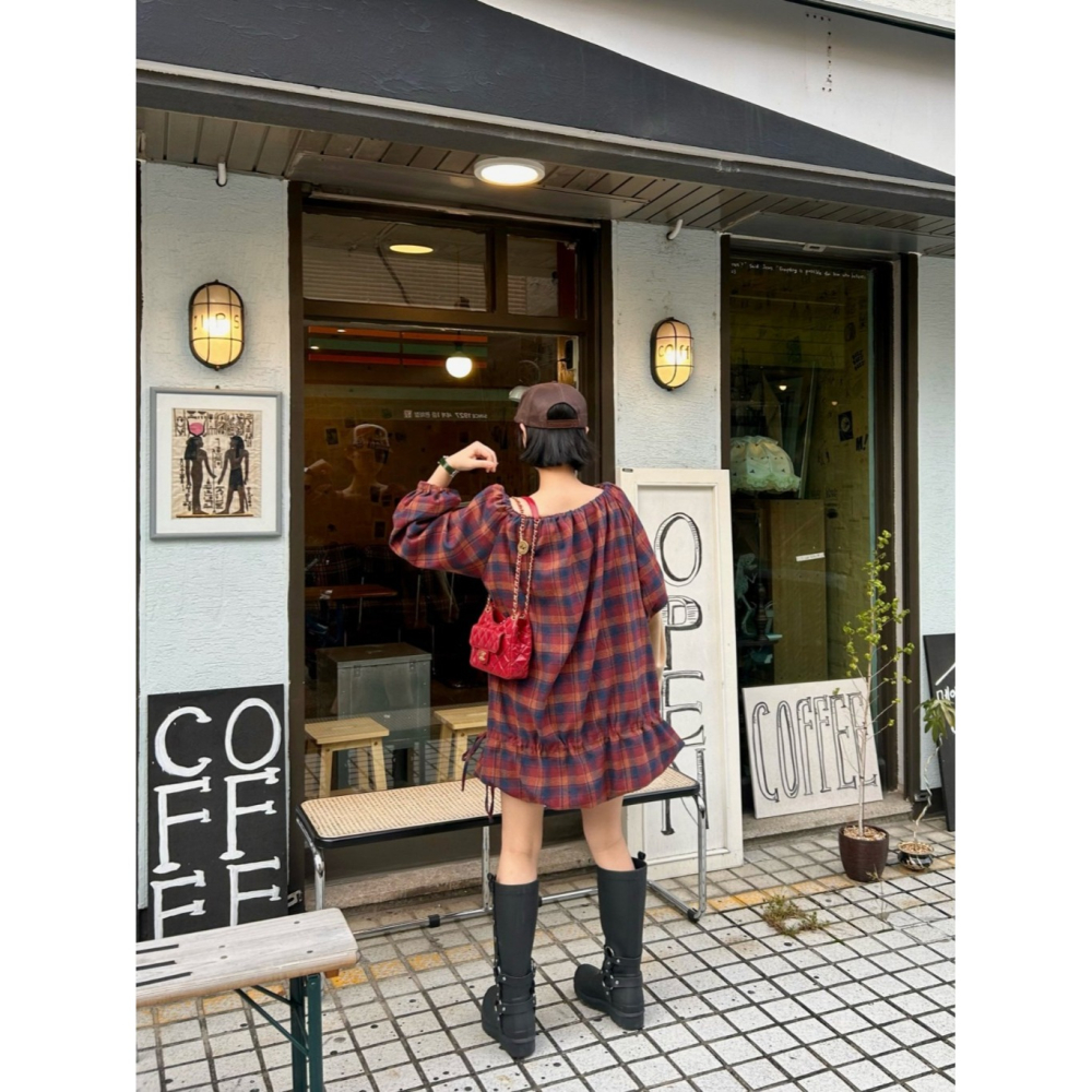 韓國女裝 Theline 經典格紋交接抽繩連衣裙洋裝-細節圖9