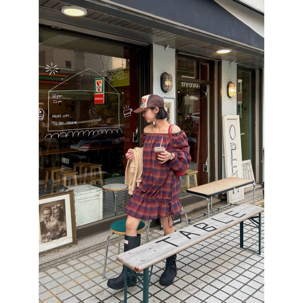 韓國女裝 Theline 經典格紋交接抽繩連衣裙洋裝-細節圖10