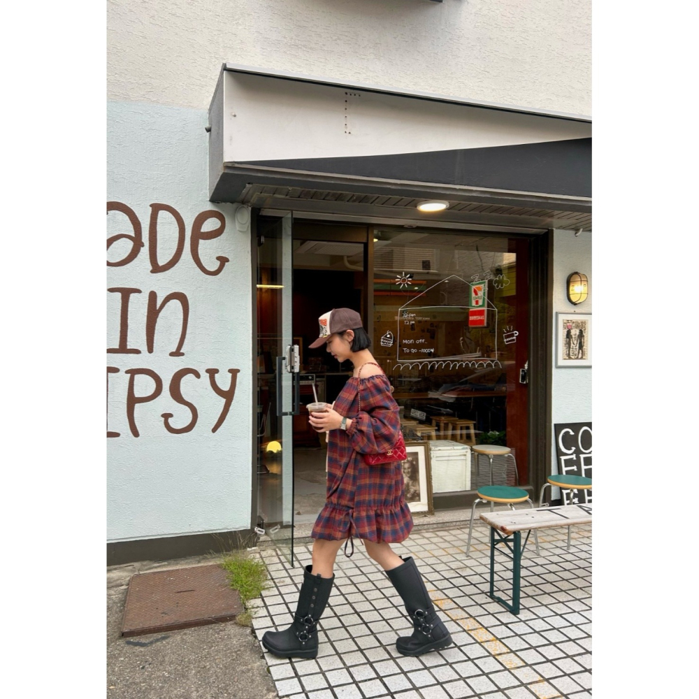 韓國女裝 Theline 經典格紋交接抽繩連衣裙洋裝-細節圖11