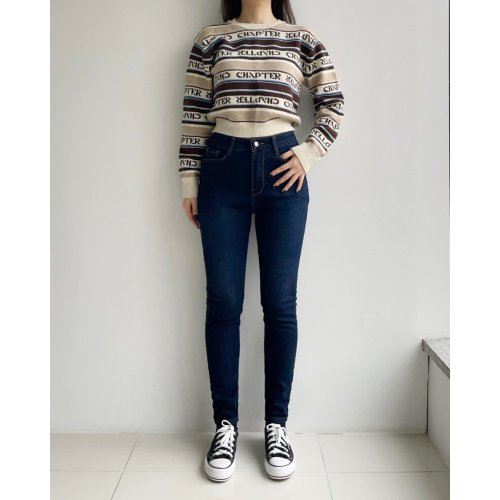 韓國女裝 HOWLUK 發熱厚絨彈性腰扣丹寧長牛仔褲 可塞靴-細節圖2