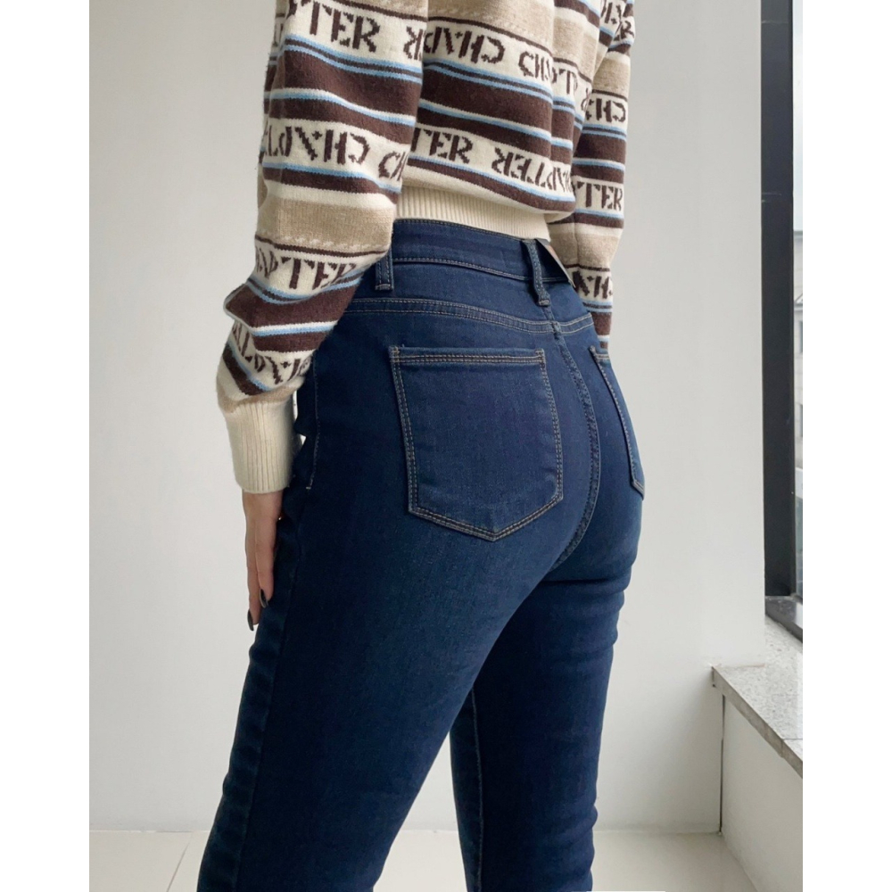 韓國女裝 HOWLUK 發熱厚絨彈性腰扣丹寧長牛仔褲 可塞靴-細節圖4