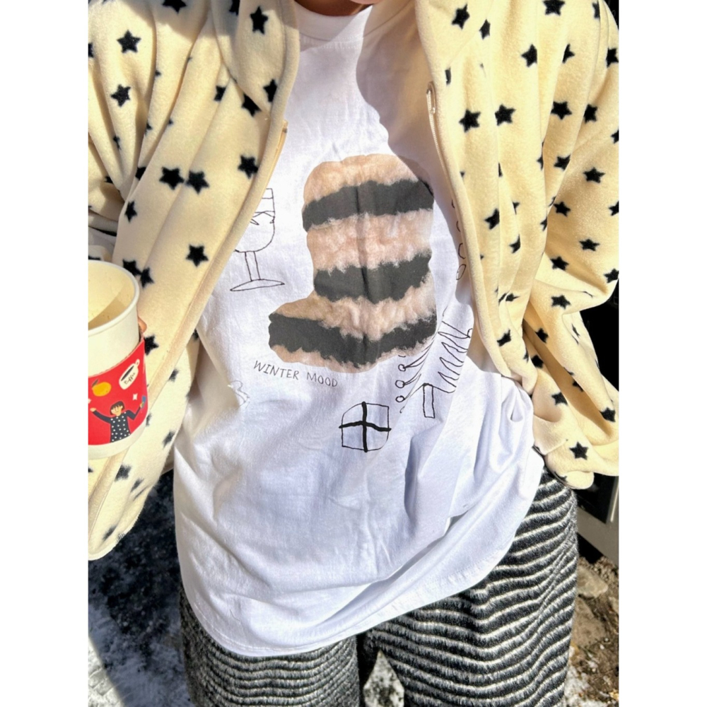 韓國女裝 Theline 毛皮靴繪圖示短袖落肩棉T-細節圖6