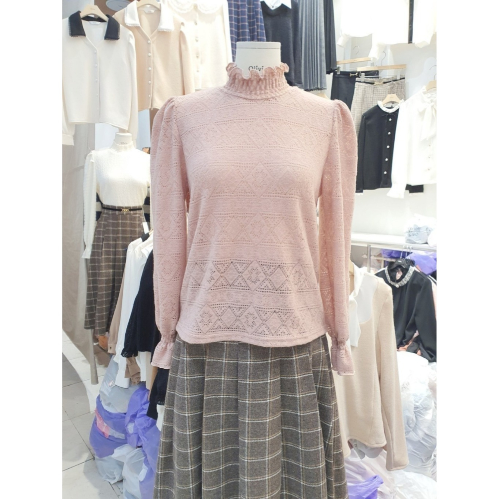 韓國女裝 Olivia 蕾絲立領雕花小澎袖上衣-細節圖7