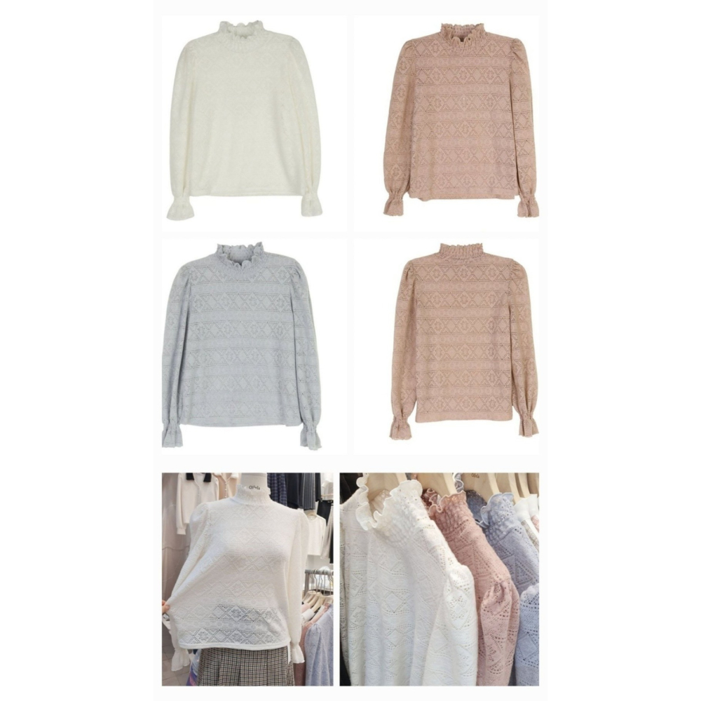 韓國女裝 Olivia 蕾絲立領雕花小澎袖上衣-細節圖10