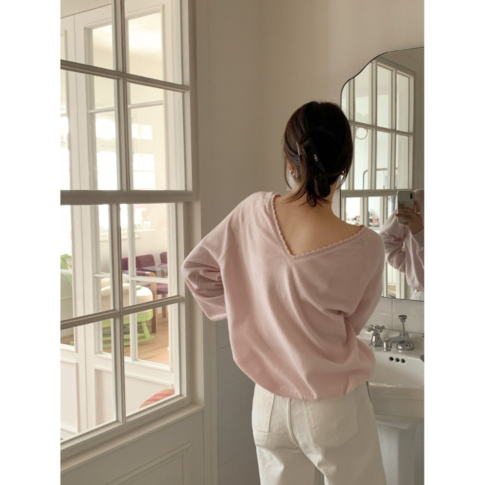 韓國女裝 Ouir 柔嫩領邊織紋雙v上衣-細節圖4