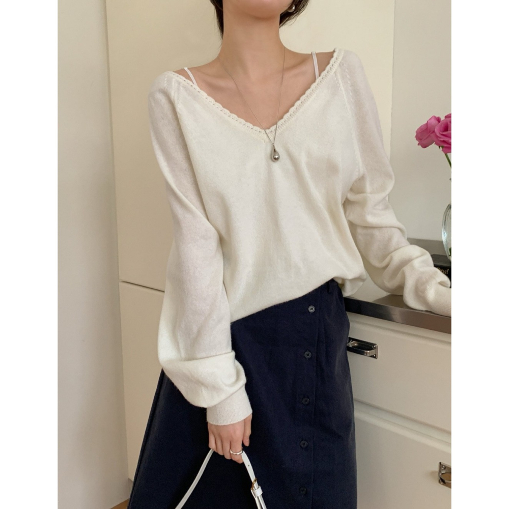 韓國女裝 Ouir 柔嫩領邊織紋雙v上衣-細節圖8