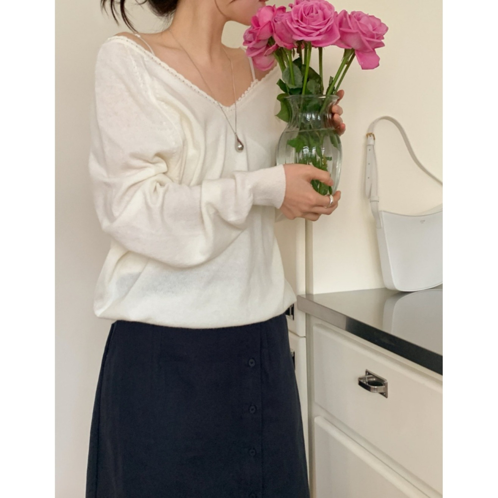 韓國女裝 Ouir 柔嫩領邊織紋雙v上衣-細節圖9