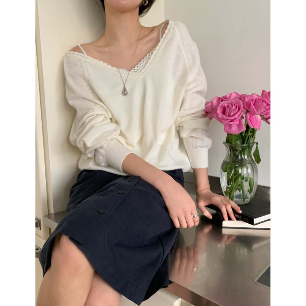 韓國女裝 Ouir 柔嫩領邊織紋雙v上衣-細節圖10