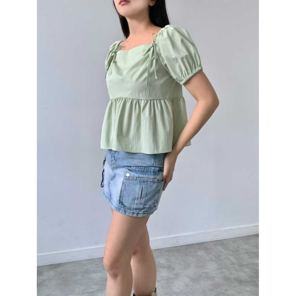 韓國女裝 Brandmarket 平肩方領綁結衫-細節圖5