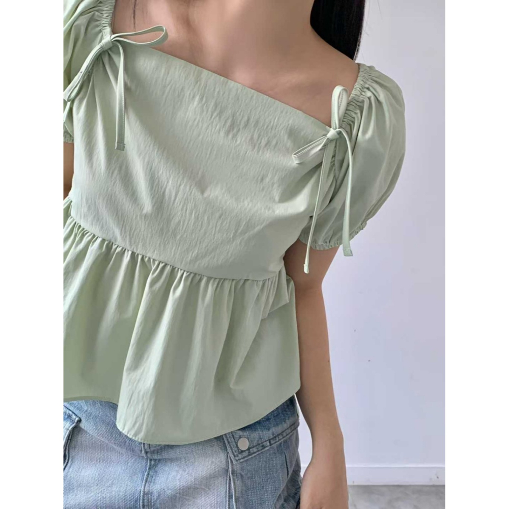 韓國女裝 Brandmarket 平肩方領綁結衫-細節圖6