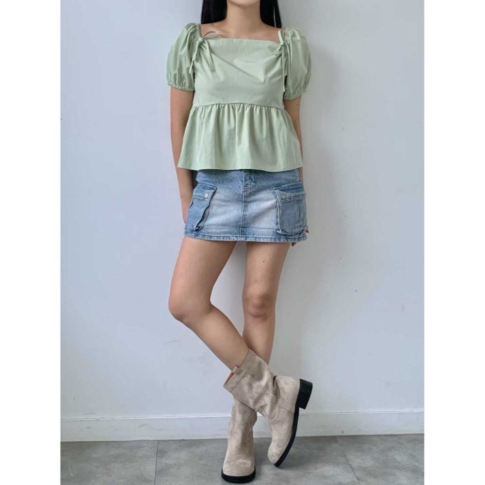 韓國女裝 Brandmarket 平肩方領綁結衫-細節圖8