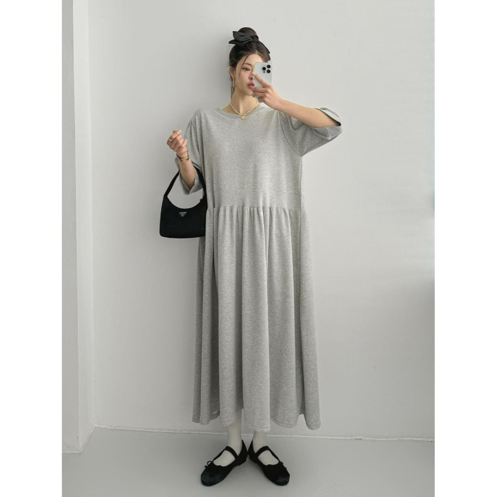 韓國女裝 Byyoul -素色法式袖寬鬆洋裝-細節圖3