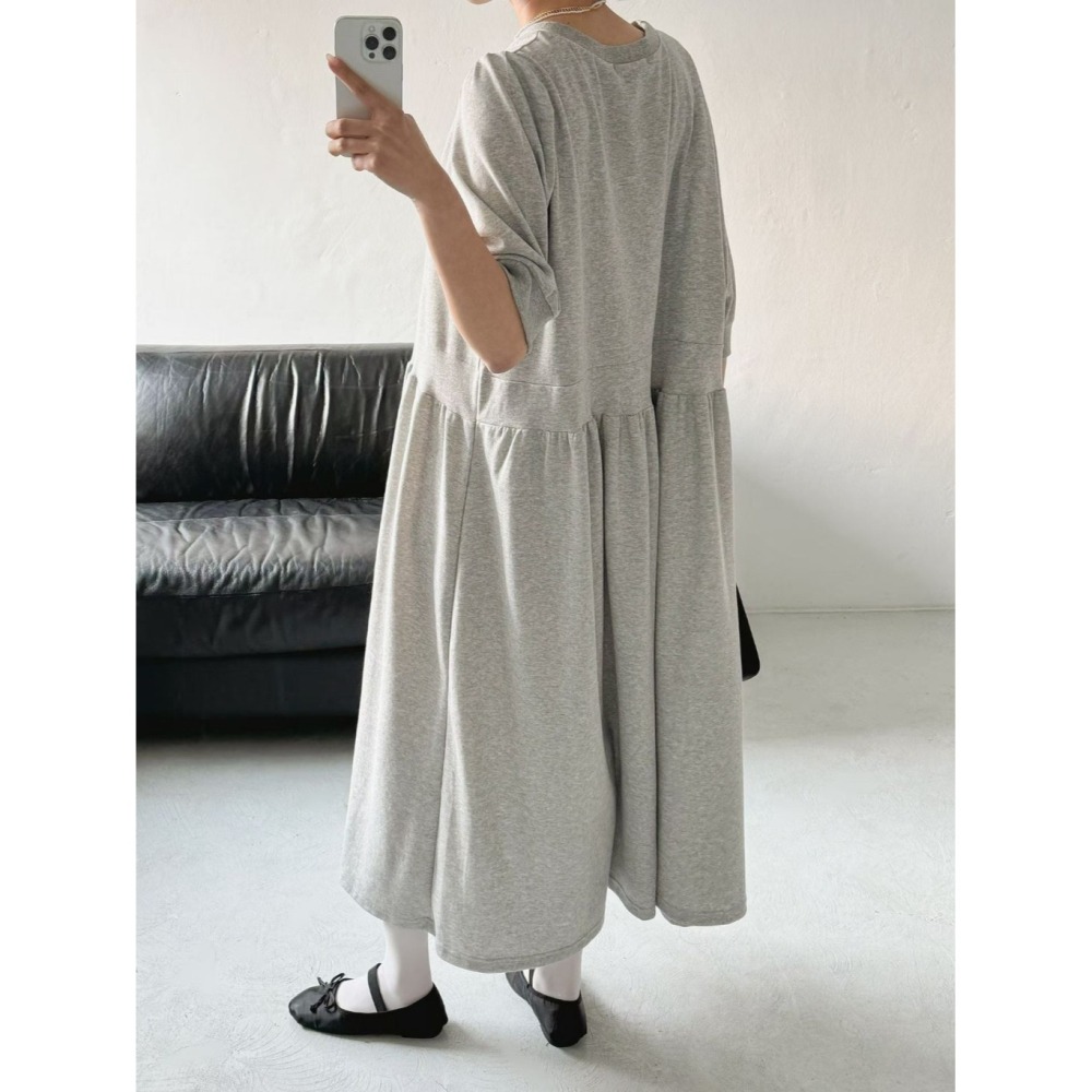 韓國女裝 Byyoul -素色法式袖寬鬆洋裝-細節圖4