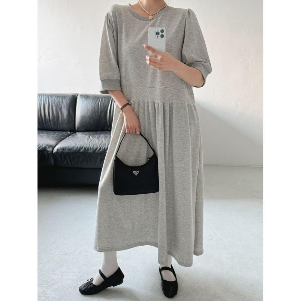 韓國女裝 Byyoul -素色法式袖寬鬆洋裝-細節圖5