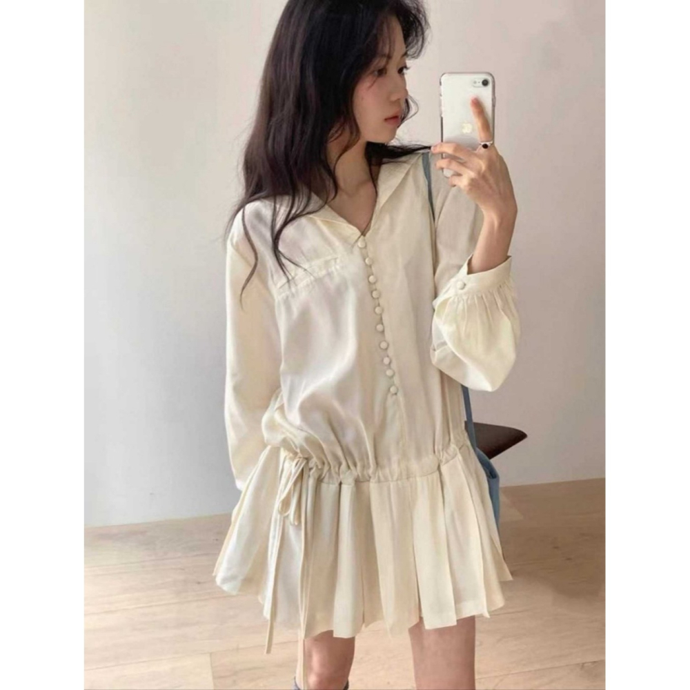 韓國女裝 Punch 波西米亞溫柔造型排釦簍空綁帶長袖上衣 短裙-細節圖2