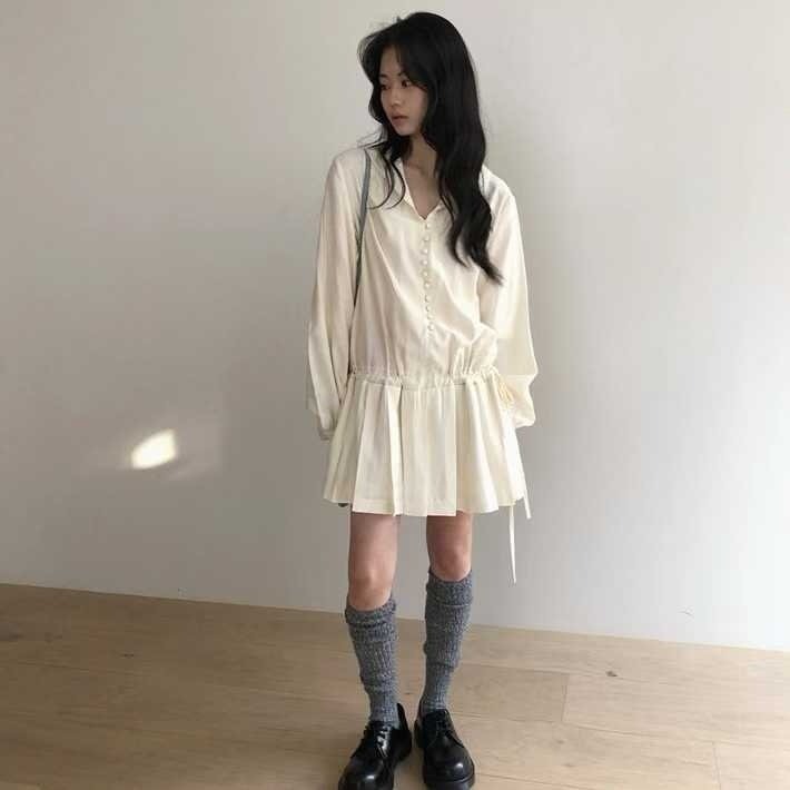 韓國女裝 Punch 波西米亞溫柔造型排釦簍空綁帶長袖上衣 短裙-細節圖4