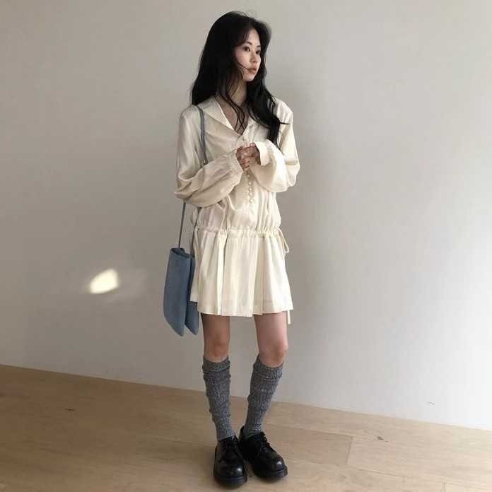 韓國女裝 Punch 波西米亞溫柔造型排釦簍空綁帶長袖上衣 短裙-細節圖5