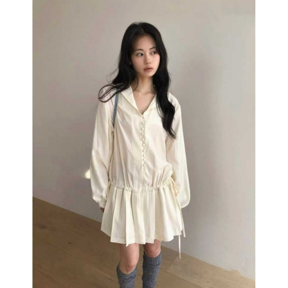 韓國女裝 Punch 波西米亞溫柔造型排釦簍空綁帶長袖上衣 短裙-細節圖6