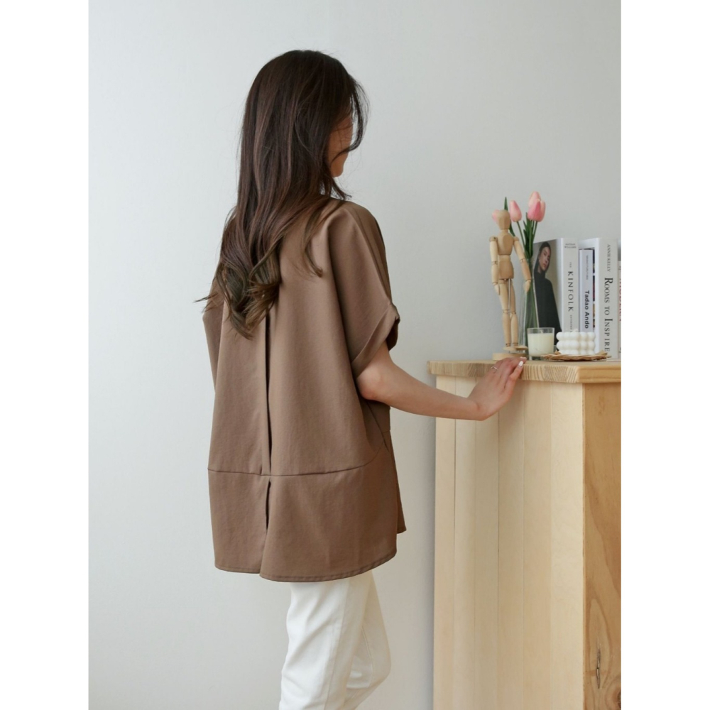 韓國女裝 簡約落肩下擺拼接五分袖上衣-細節圖3