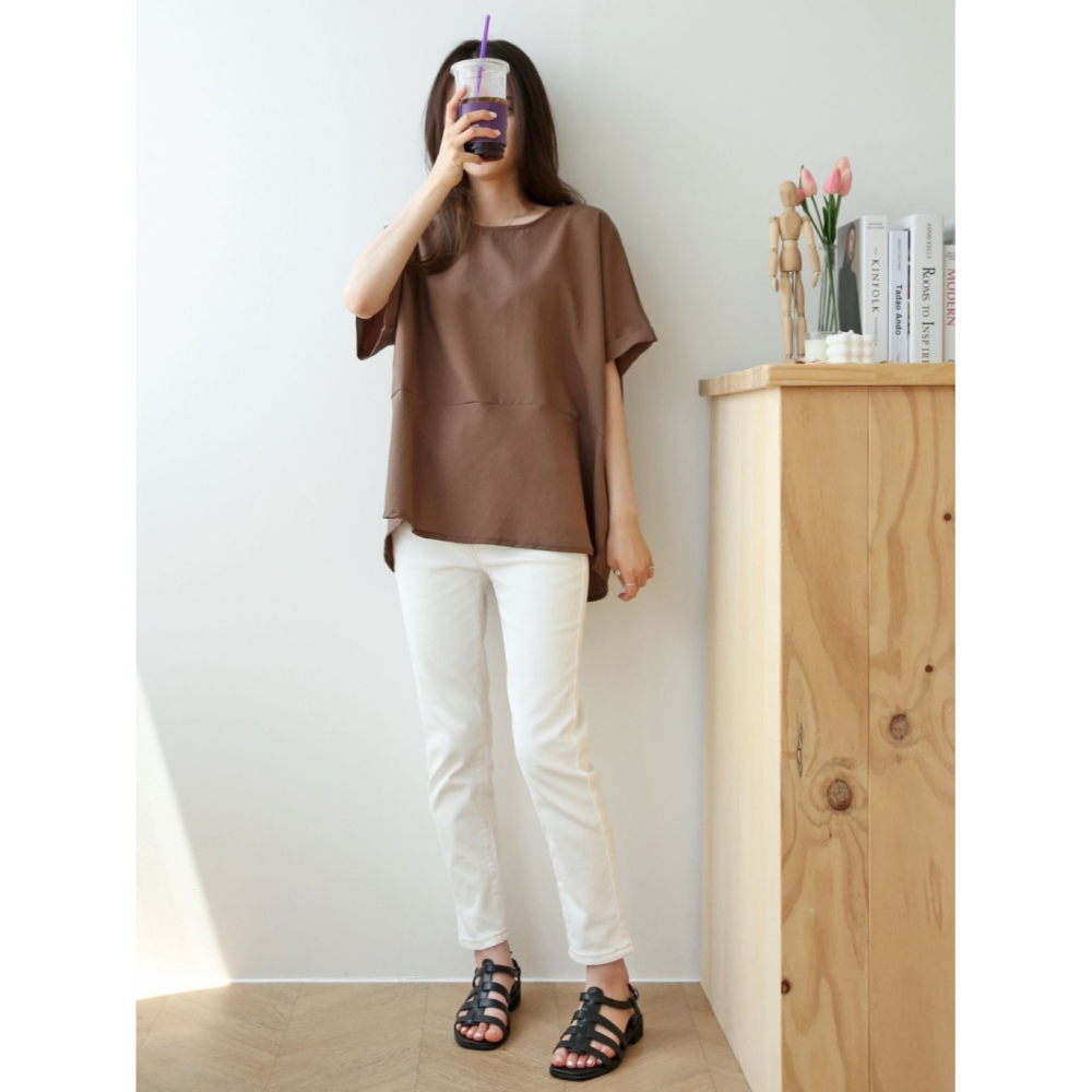 韓國女裝 簡約落肩下擺拼接五分袖上衣-細節圖4