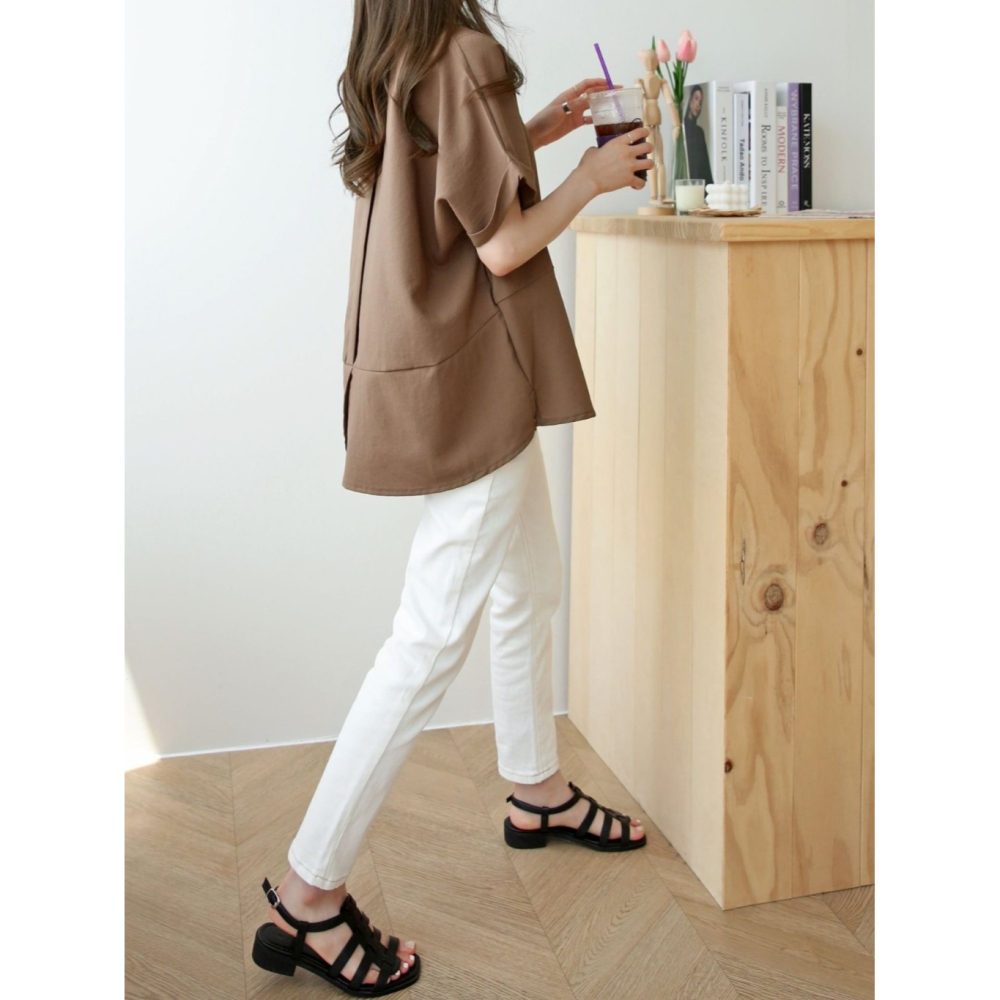 韓國女裝 簡約落肩下擺拼接五分袖上衣-細節圖5