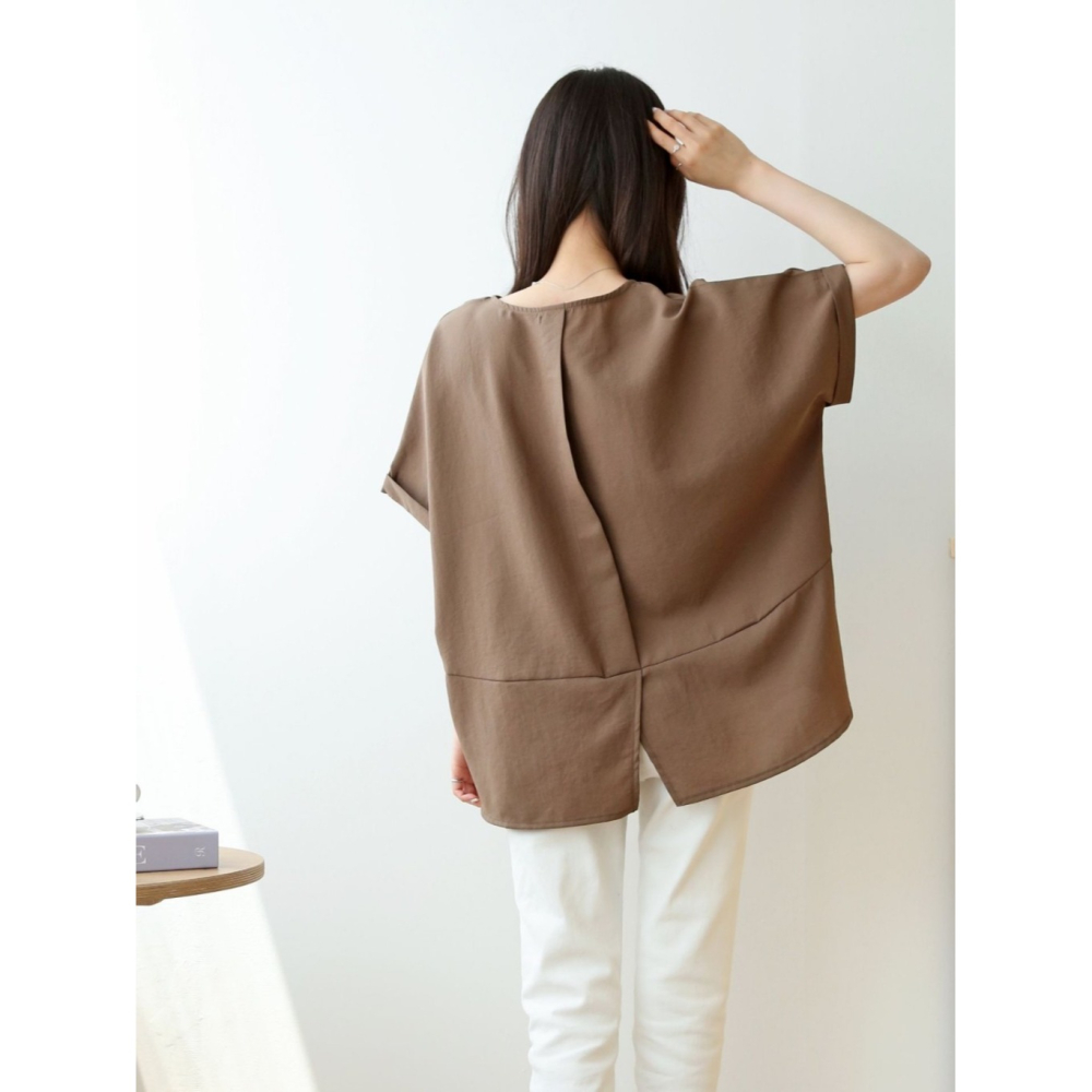 韓國女裝 簡約落肩下擺拼接五分袖上衣-細節圖6