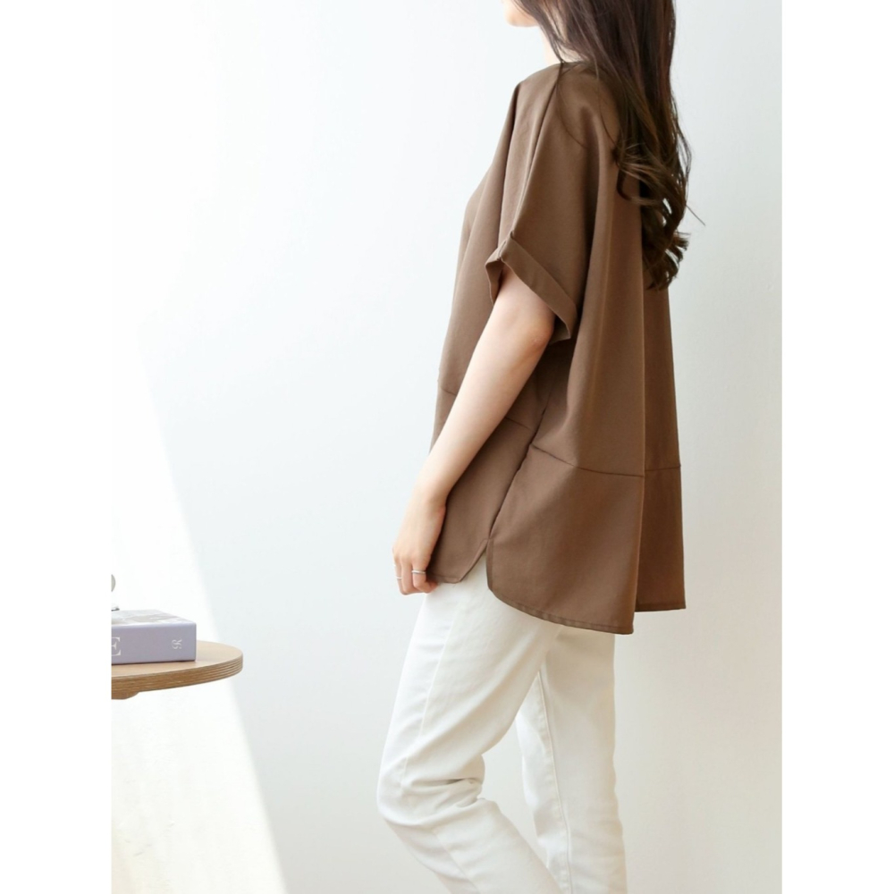 韓國女裝 簡約落肩下擺拼接五分袖上衣-細節圖9