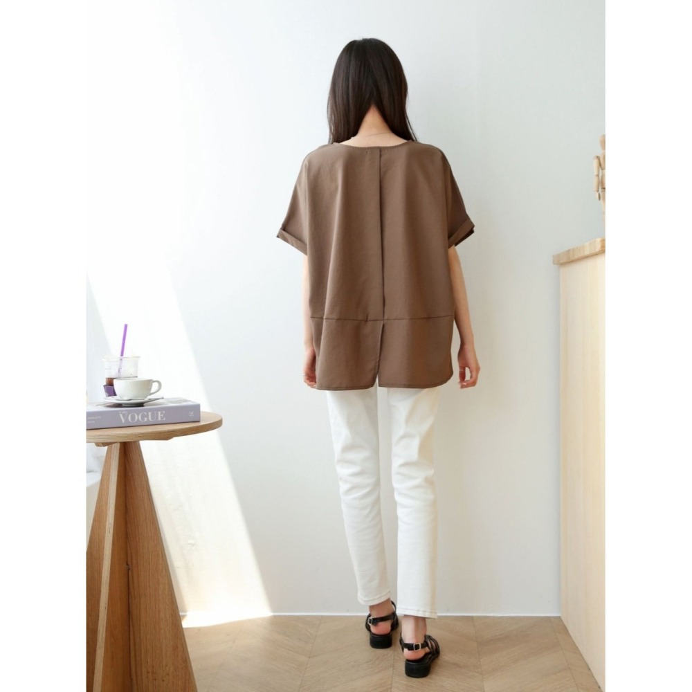 韓國女裝 簡約落肩下擺拼接五分袖上衣-細節圖10
