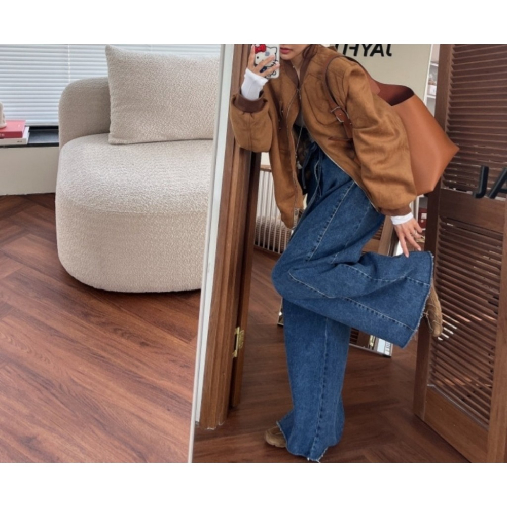 韓國女裝 Punch 復古美式開衩線牛仔闊腿褲-細節圖2