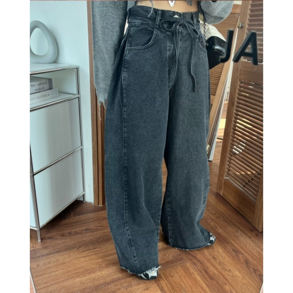 韓國女裝 Punch 復古美式開衩線牛仔闊腿褲-細節圖3