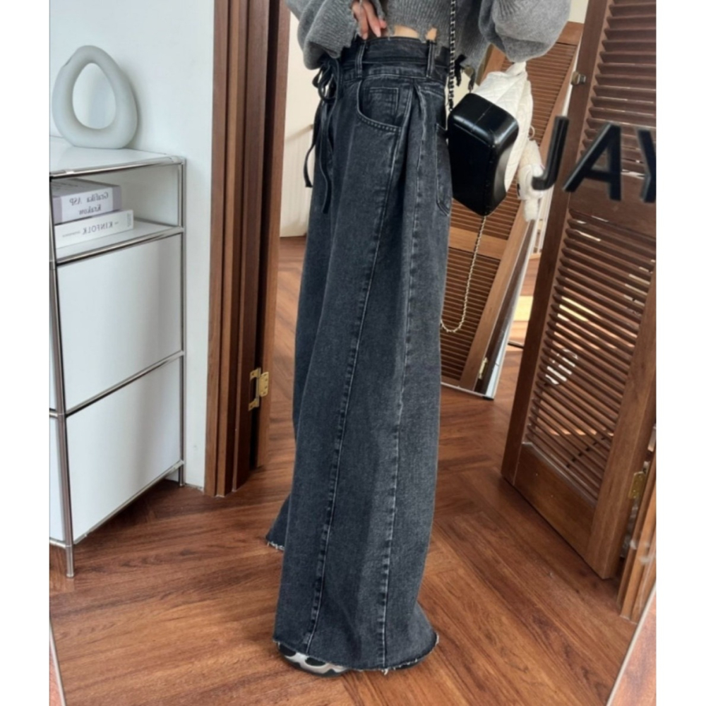 韓國女裝 Punch 復古美式開衩線牛仔闊腿褲-細節圖4