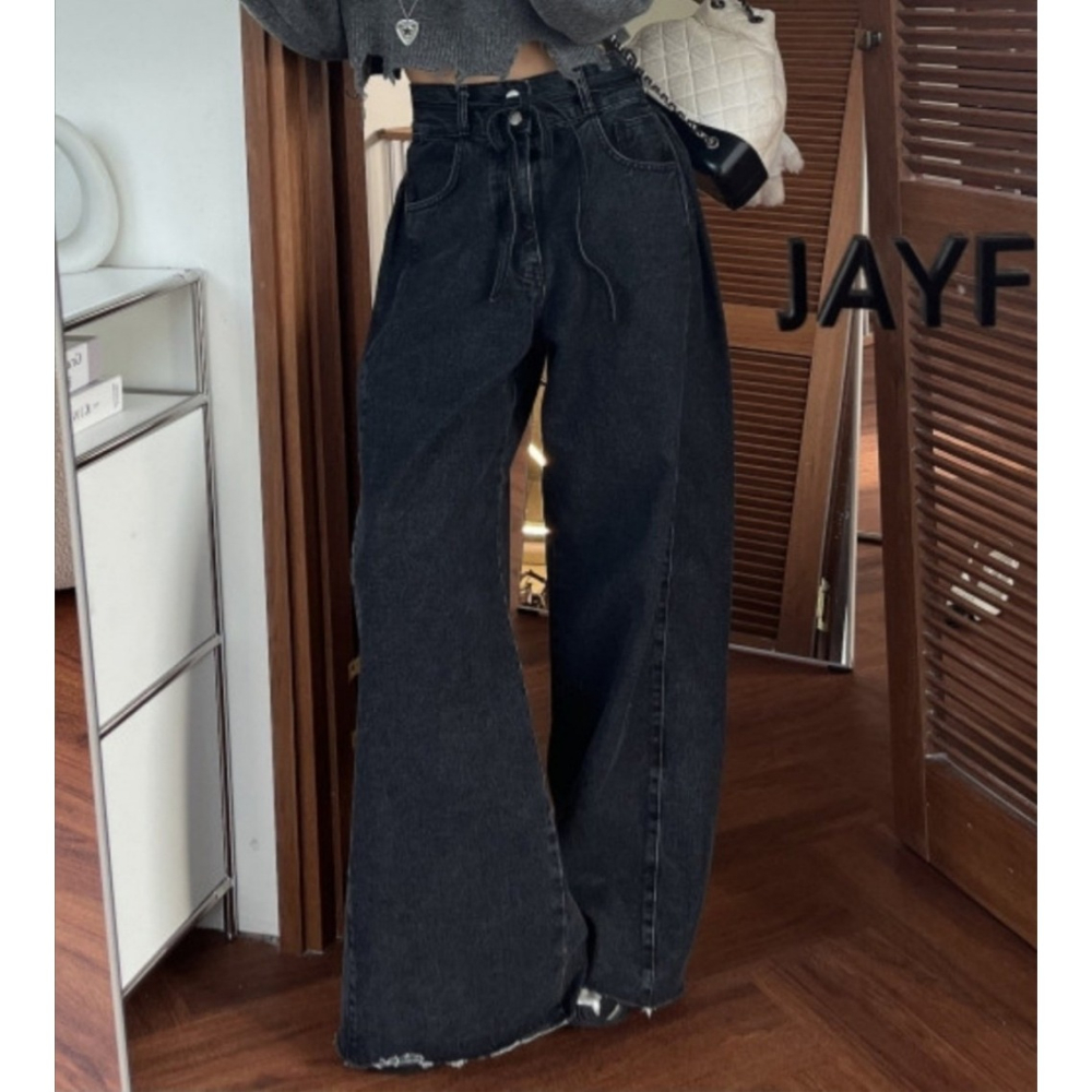 韓國女裝 Punch 復古美式開衩線牛仔闊腿褲-細節圖5