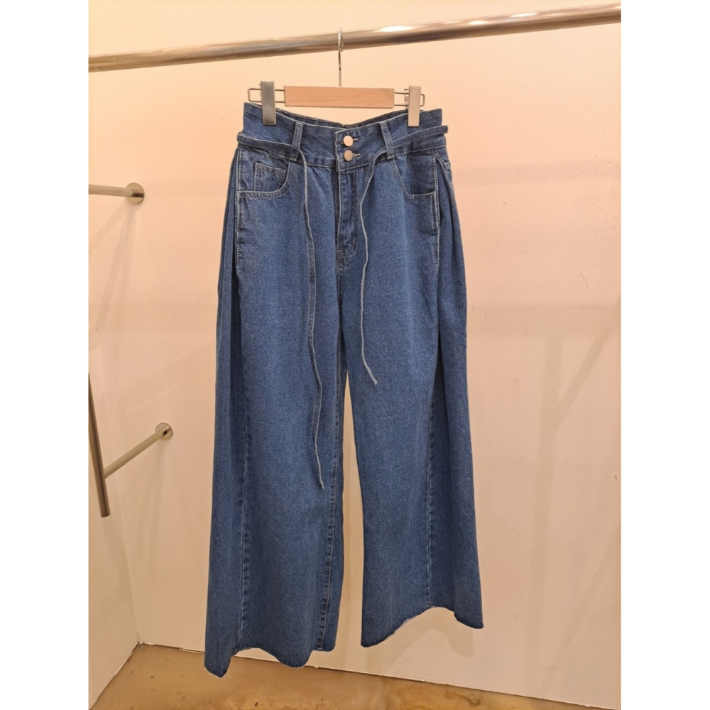 韓國女裝 Punch 復古美式開衩線牛仔闊腿褲-細節圖8